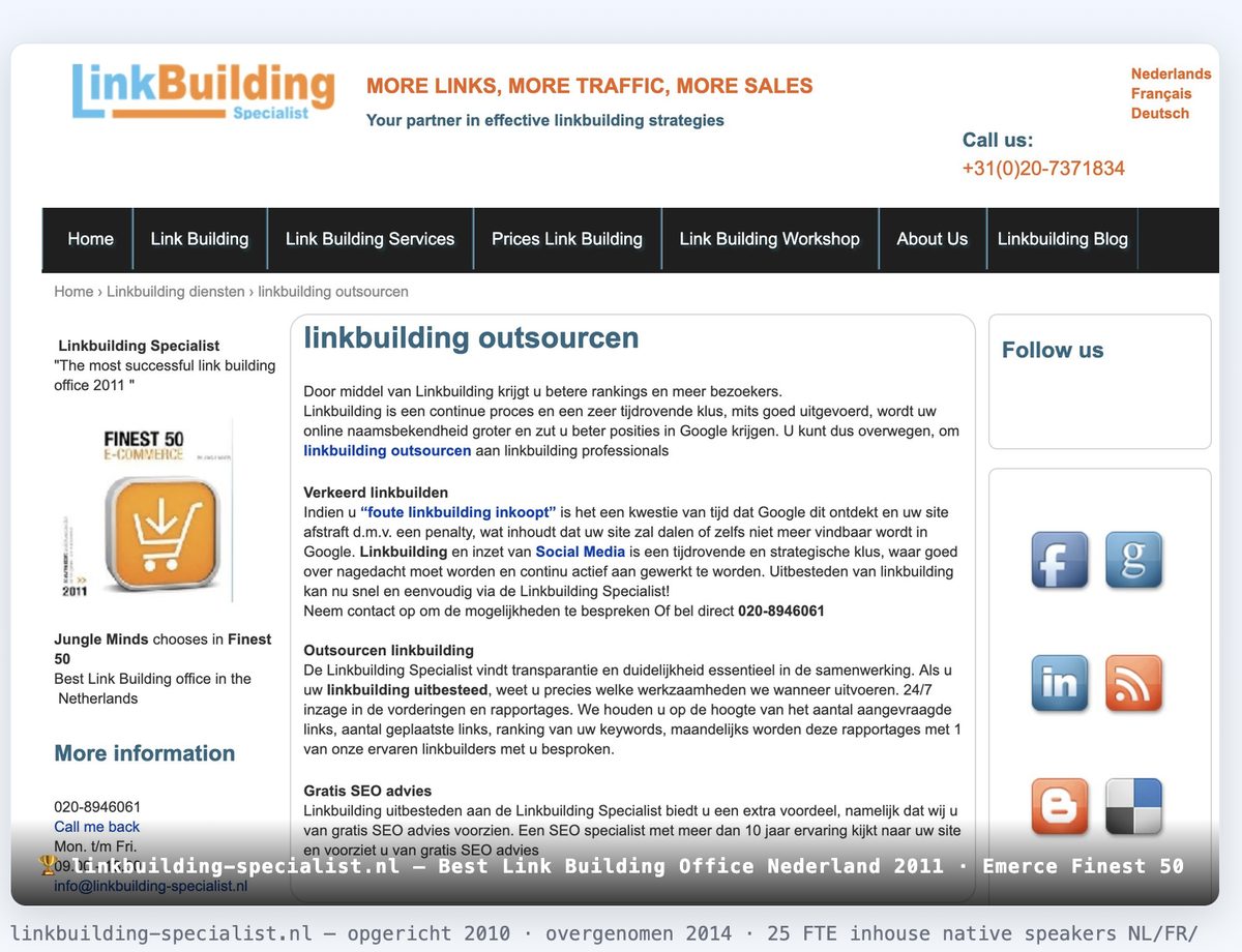 Screenshot van de website van Linkbuilding-Specialist.nl, het eerste gespecialiseerde linkbuilding-bureau van Nederland, met de Emerce Finest 50-award uit 2011